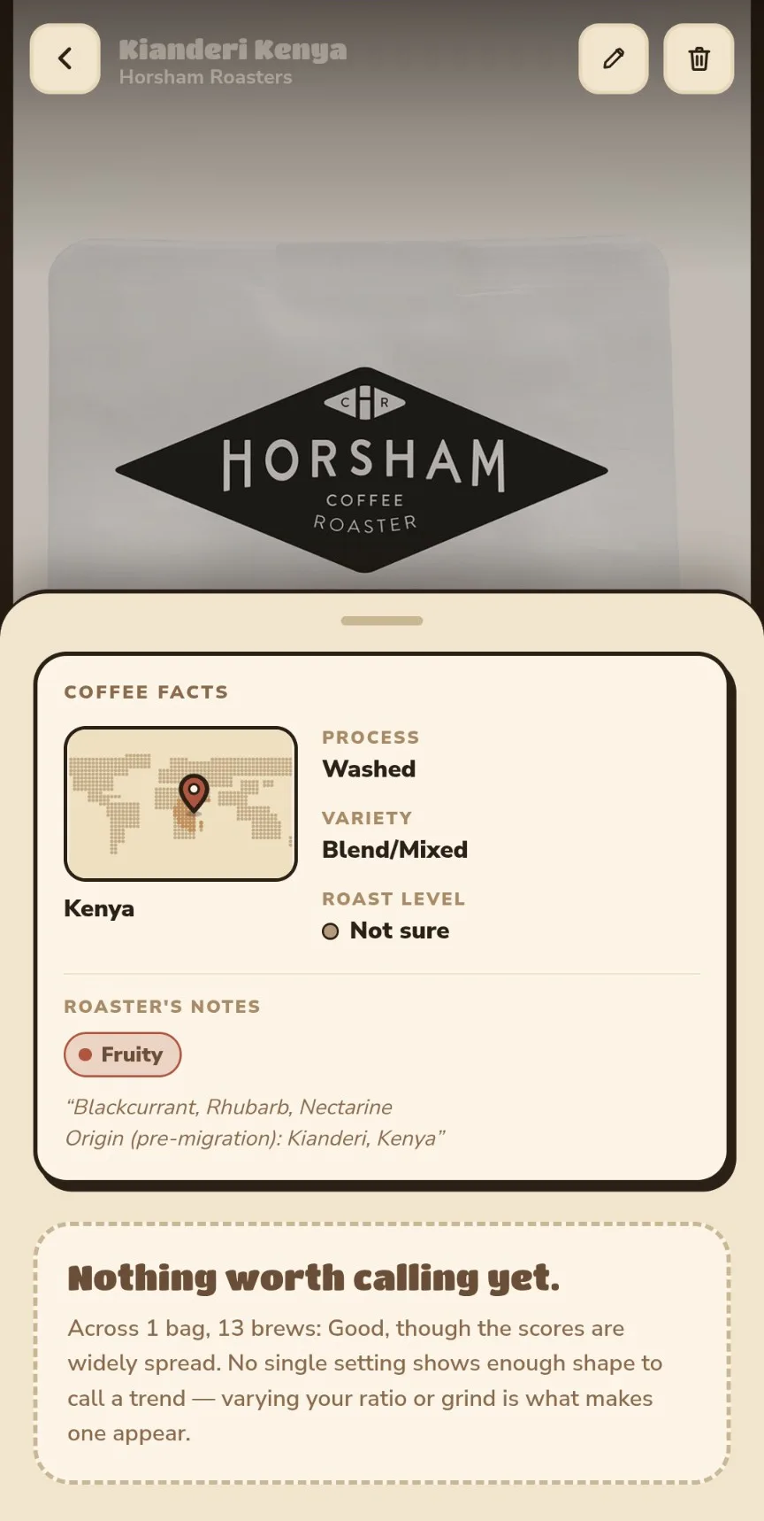 A bean's record in the Perk app for Kianderi Kenya, listing the process, variety and roast level, the roaster's notes, and a panel headed 'Nothing worth calling yet.'