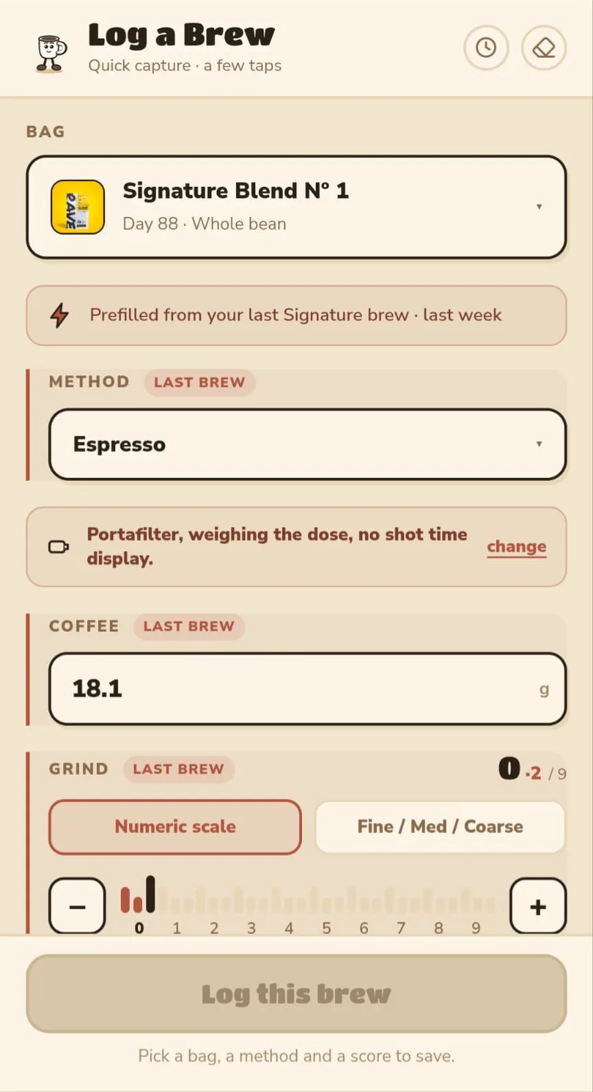 The Perk app's Log a Brew screen, part-filled in: a bag called Signature Blend number 1, method Espresso, 18.1 grams of coffee and a grind setting.