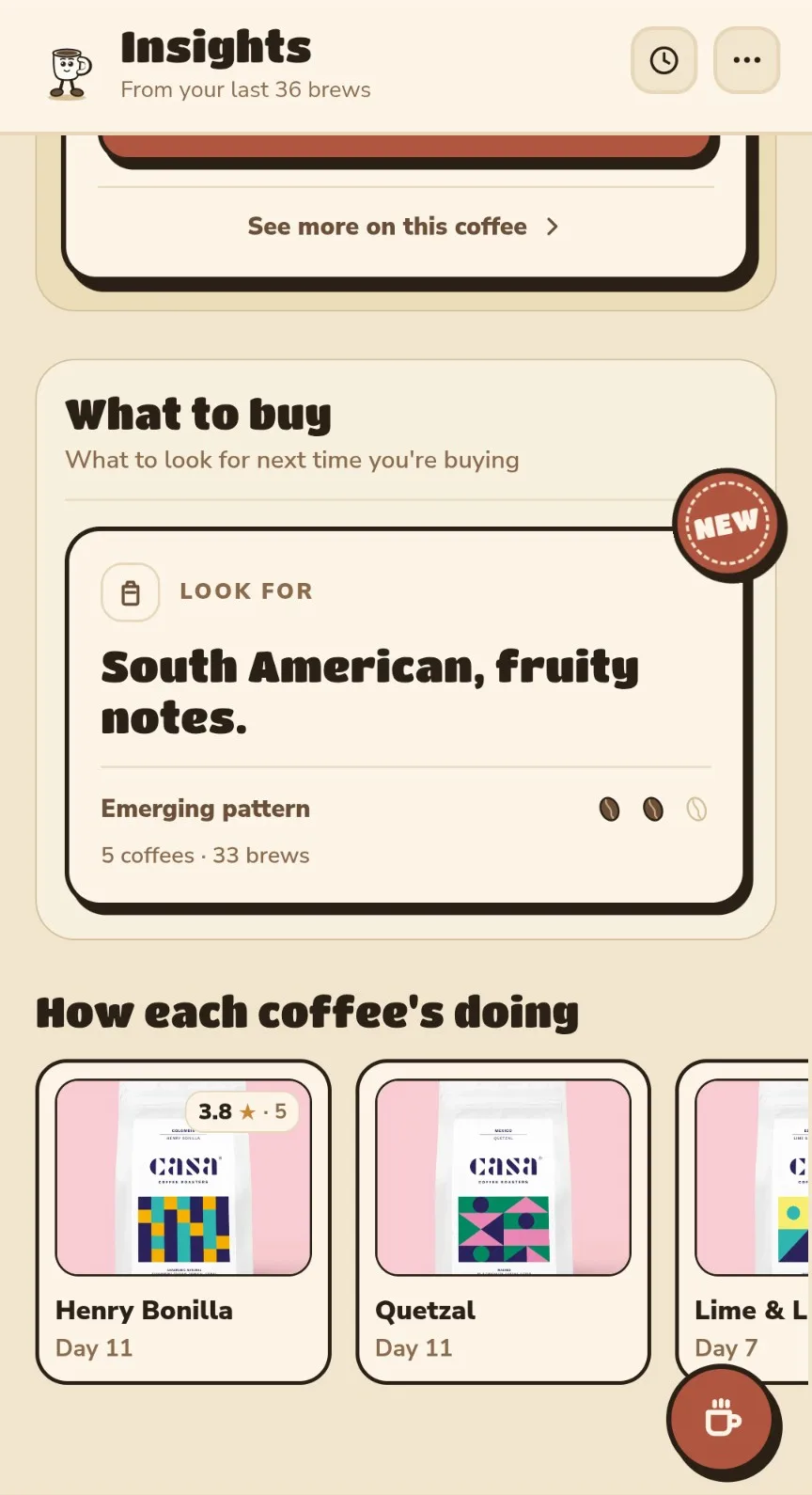The Perk app's What to buy panel, saying to look for South American, fruity notes, drawn from 5 coffees and 33 brews.